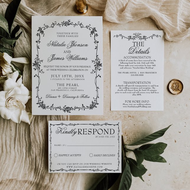 Invitation Mariage Botanique Élégant Fleurs Noires et Blanche (Créateur téléchargé)