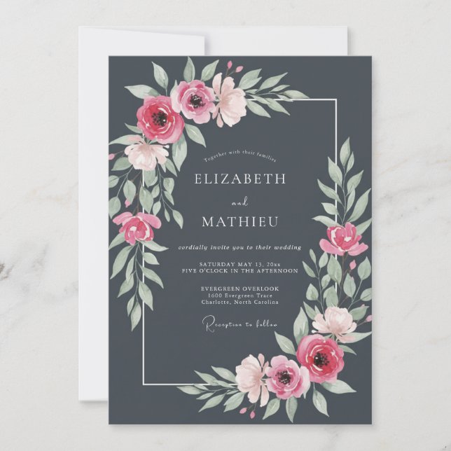 Invitation Mariage Botanique Élégant Gris Acier (Devant)