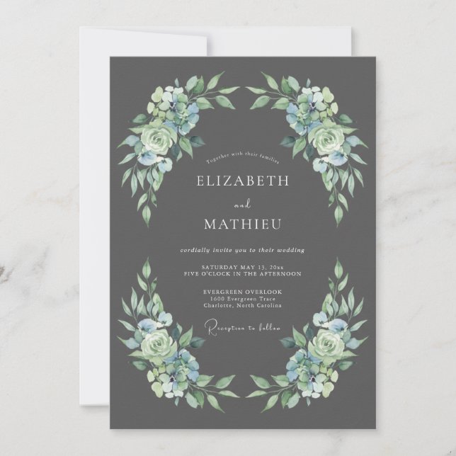 Invitation Mariage Botanique Élégant Gris Charbon (Devant)