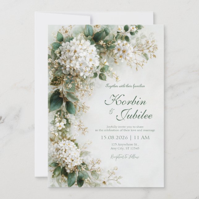 Invitation Mariage Botanique Élégant Hydrangea Blanc Or (Devant)