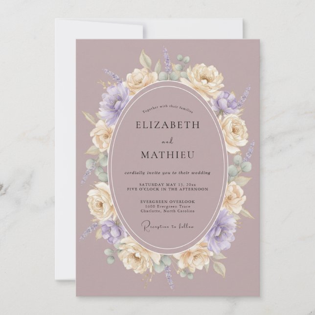 Invitation Mariage Botanique Élégant Mauve (Devant)