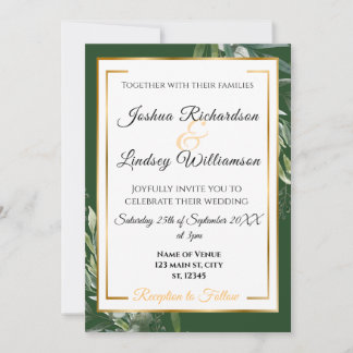 Invitation Mariage Botanique Élégant Or et Vert