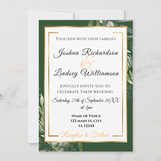Invitation Mariage Botanique Élégant Or et Vert (Devant)