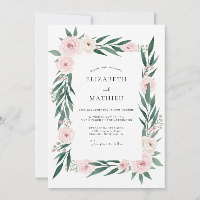 Invitation Mariage Botanique Élégant Rose Pâle (Devant)