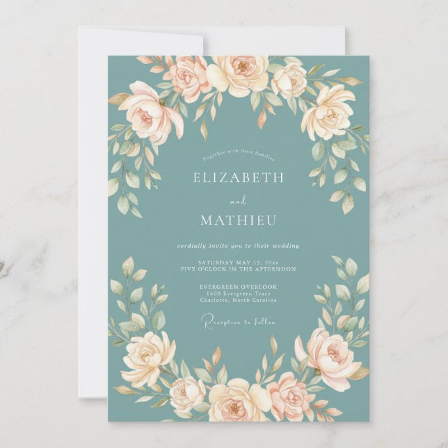 Invitation Mariage Botanique Élégant Sarcelle (Devant)