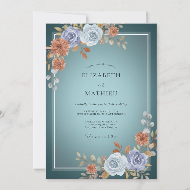 Invitation Mariage Botanique Élégant Sarcelle (Devant)