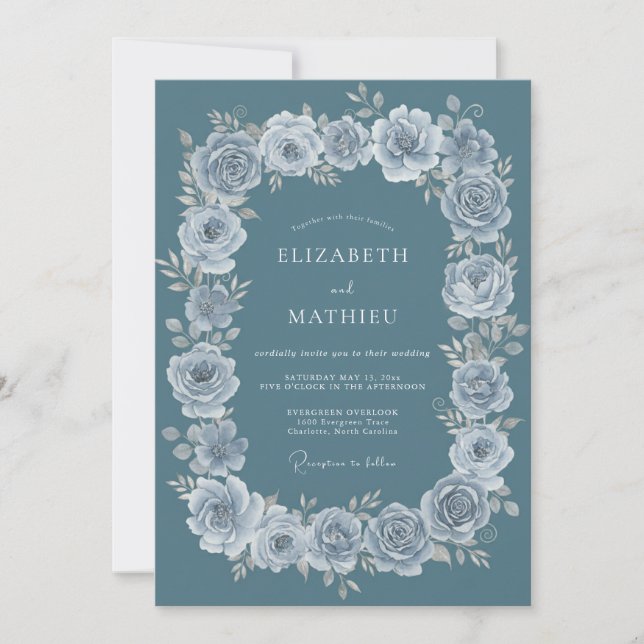 Invitation Mariage Botanique Élégant Sarcelle Poussiéreuse (Devant)