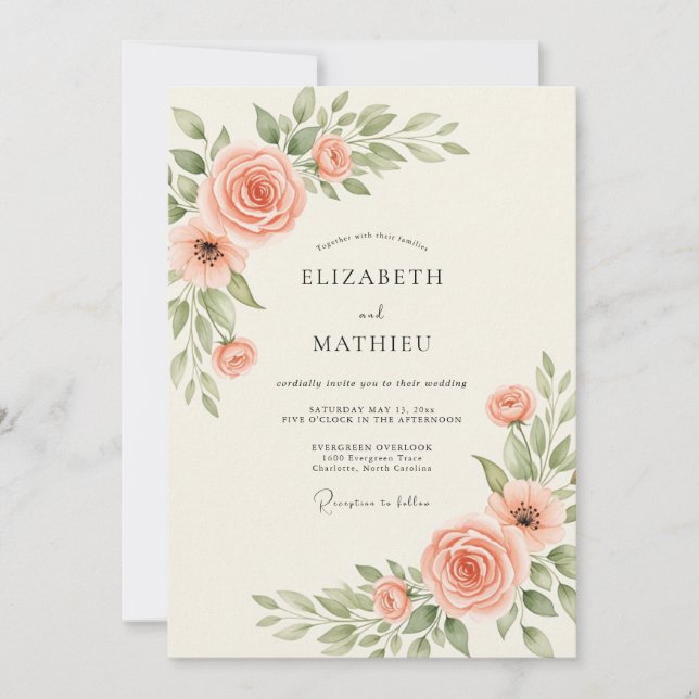 Invitation Mariage Botanique Élégant Saumon (Devant)
