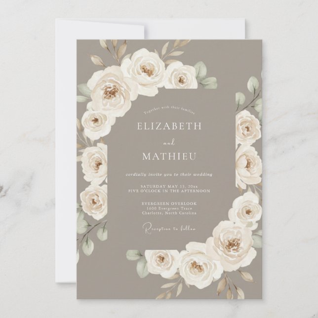 Invitation Mariage Botanique Élégant Taupe (Devant)