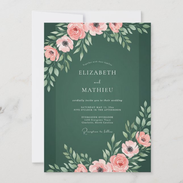 Invitation Mariage Botanique Élégant Vert Émeraude (Devant)