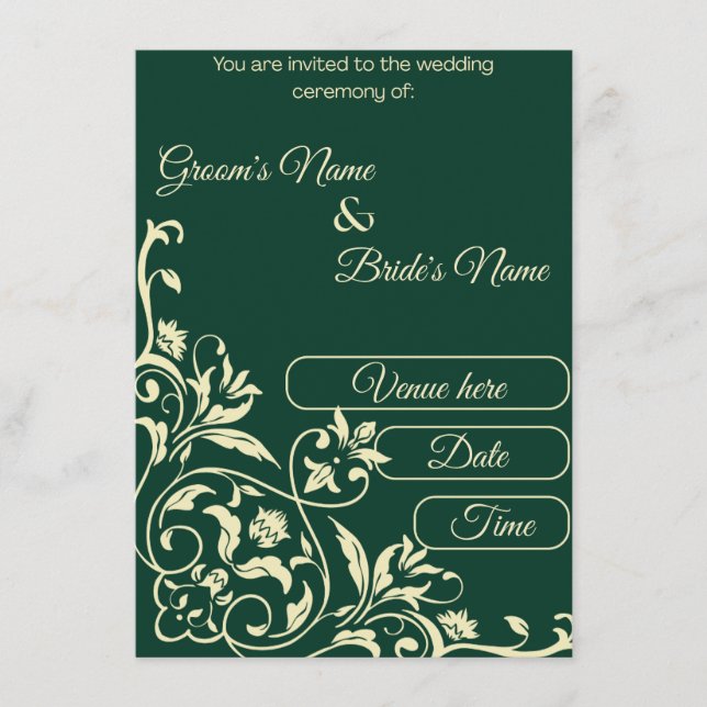 Invitation Mariage botanique élégant vert émeraude et or (Devant)