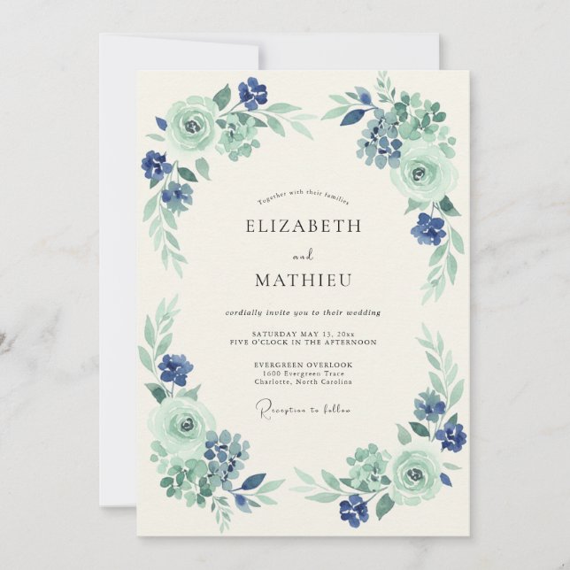 Invitation Mariage Botanique Élégant Vert Marine (Devant)