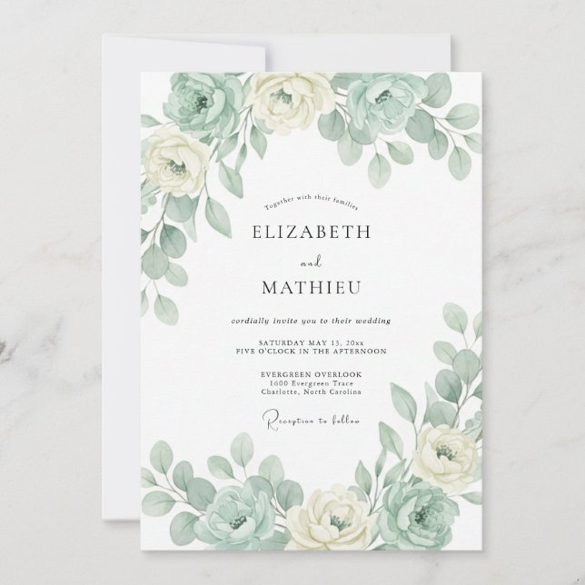 Invitation Mariage Botanique Élégant Vert Menthe (Devant)