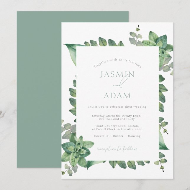 Invitation Mariage Botanique Élégant Vert Sauge (Devant / Derrière)