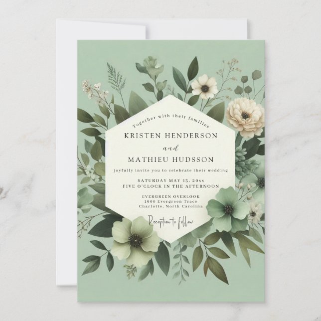 Invitation Mariage Botanique Élégant Vert Sauge (Devant)