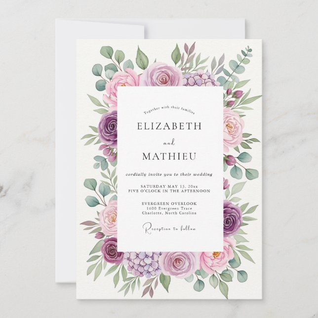 Invitation Mariage Botanique Élégant Violet (Devant)