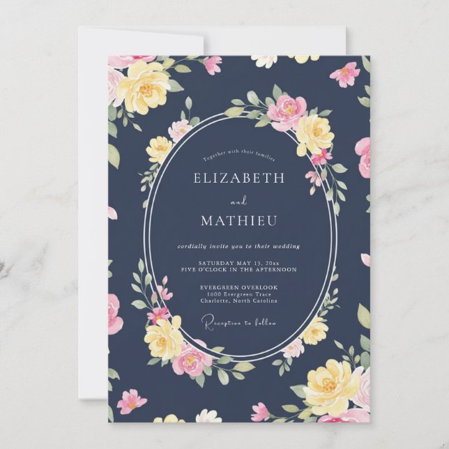 Invitation Mariage Botanique Embrasse Rose Navy (Devant)