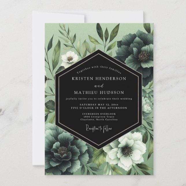 Invitation Mariage Botanique Émeraude Noir (Devant)