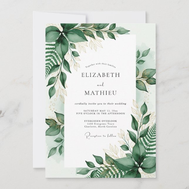 Invitation Mariage Botanique Émeraude Verdoyant (Devant)