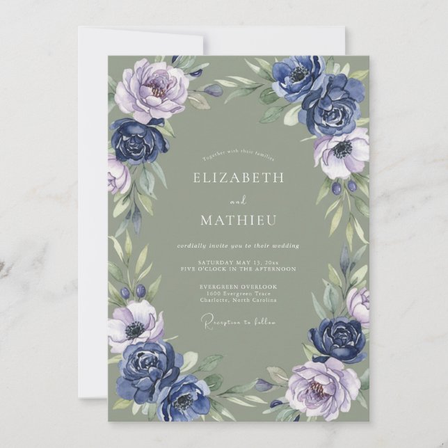 Invitation Mariage Botanique Émouvant Vert Sauge et Navy (Devant)