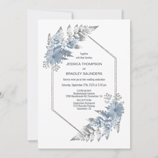 Invitation Mariage botanique en argent bleu (Devant)