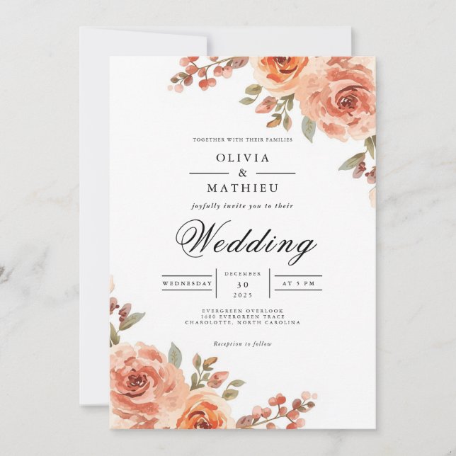 Invitation Mariage botanique en fleur de corail de Peachy (Devant)