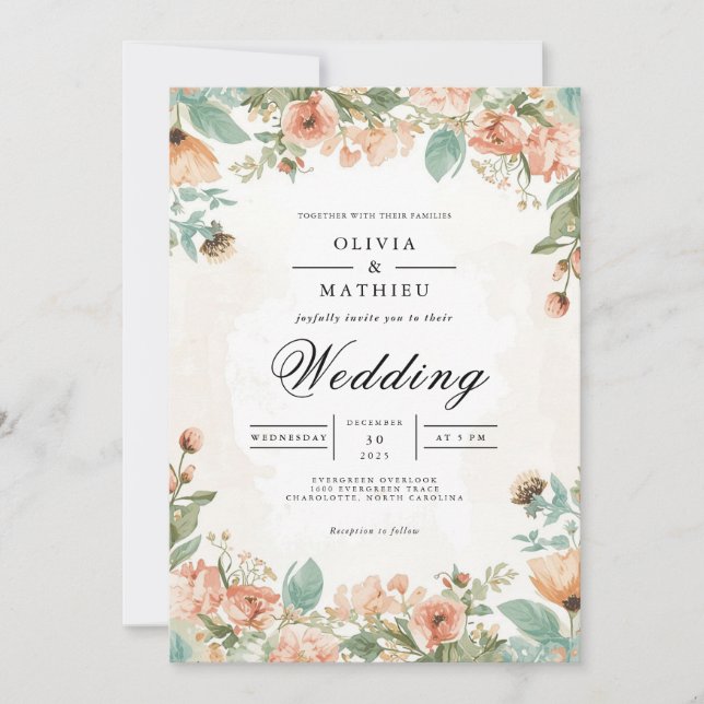 Invitation Mariage botanique en fleur de corail délicat (Devant)