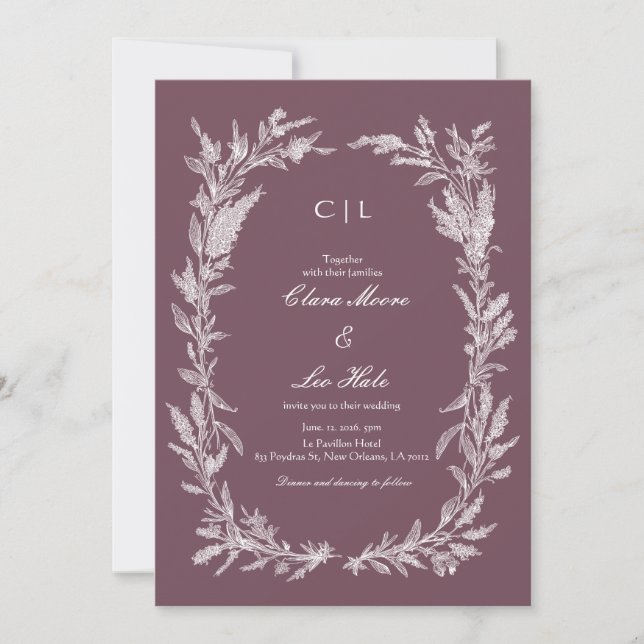 Invitation Mariage botanique en ligne blanche prune poussiére (Devant)