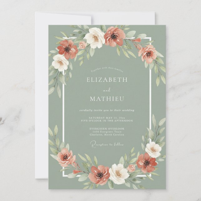 Invitation Mariage Botanique en Terre Cuite Vert Sauge (Devant)