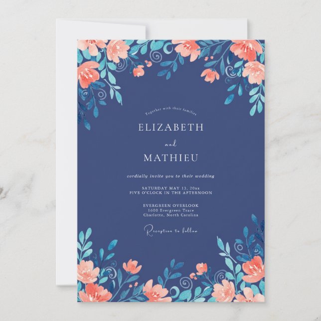 Invitation Mariage Botanique Enchanté Bleu Cobalt (Devant)