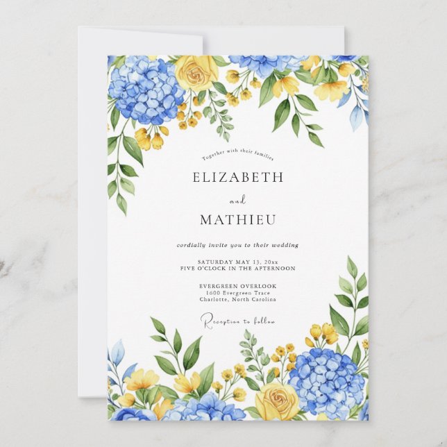 Invitation Mariage Botanique Enchanté Bleu Jaune (Devant)