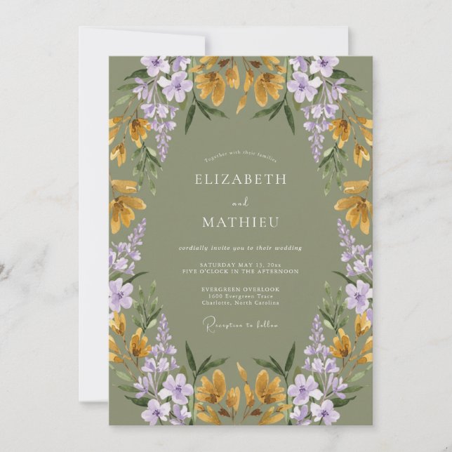 Invitation Mariage Botanique Enchanté Vert Sauge (Devant)