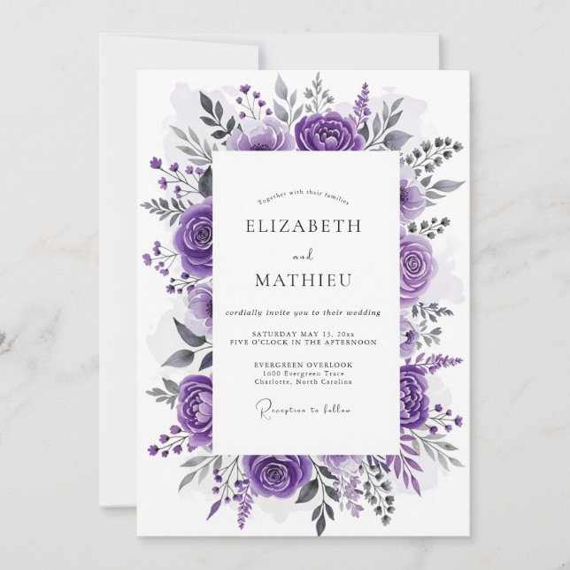 Invitation Mariage Botanique Enchanté Violet (Devant)