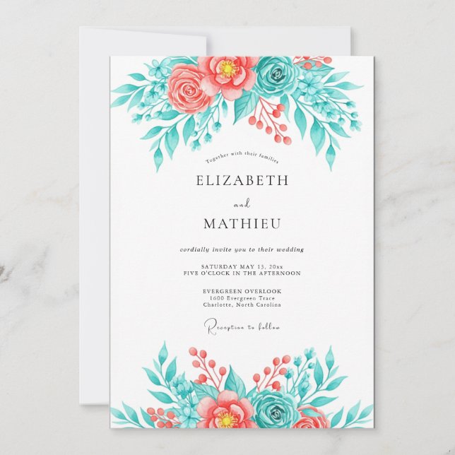 Invitation Mariage Botanique Ensoleillé au Corail de Teal (Devant)