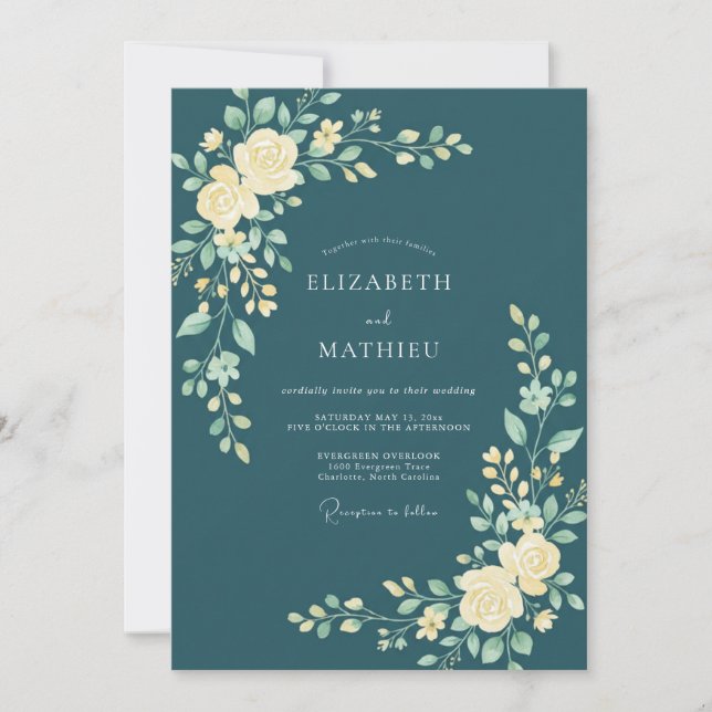Invitation Mariage Botanique Époustouflant Bleu Turquoise (Devant)