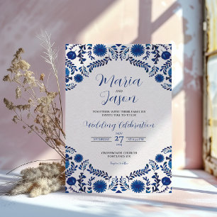 Invitation Mariage Botanique Esthétique Floral Bleu Mexicain
