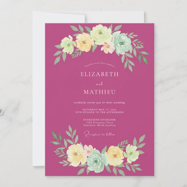 Invitation Mariage Botanique Estival Fuchsia Élégant (Devant)