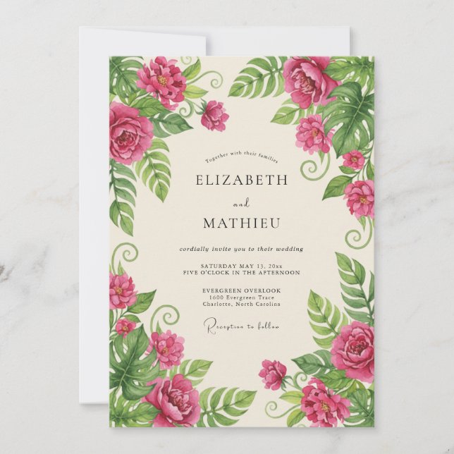 Invitation Mariage botanique estival tropical magenta (Devant)