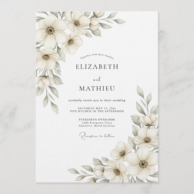 Invitation Mariage Botanique Éthéré à la Crème (Devant)