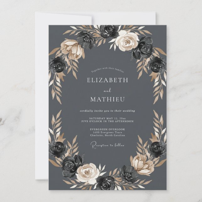 Invitation Mariage Botanique Éthéré au Charbon (Devant)