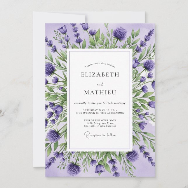 Invitation Mariage Botanique Éthéré au Lavande (Devant)