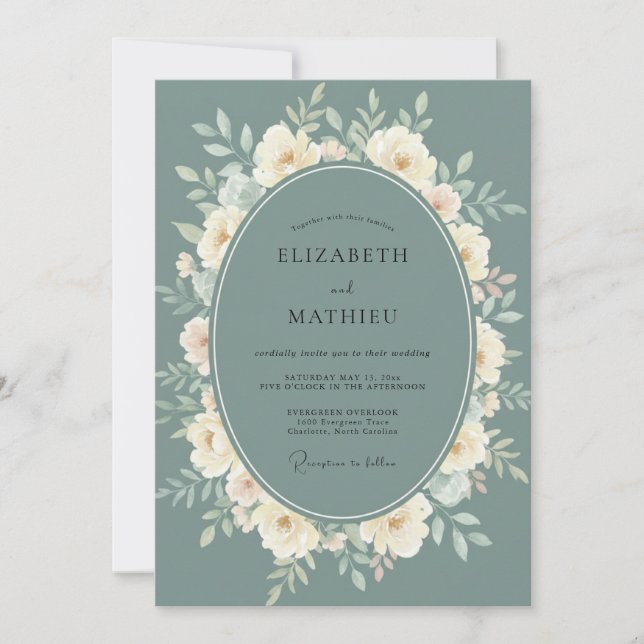 Invitation Mariage Botanique Éthéré au Teal Atténué (Devant)