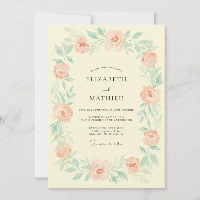 Invitation Mariage Botanique Éthéré aux Pêches (Devant)