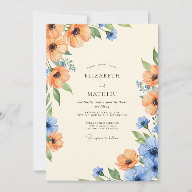 Invitation Mariage Botanique Ethéré Azure Orange (Devant)