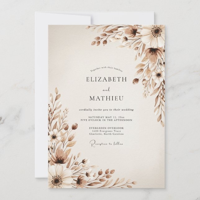 Invitation Mariage Botanique Éthéré Beige (Devant)