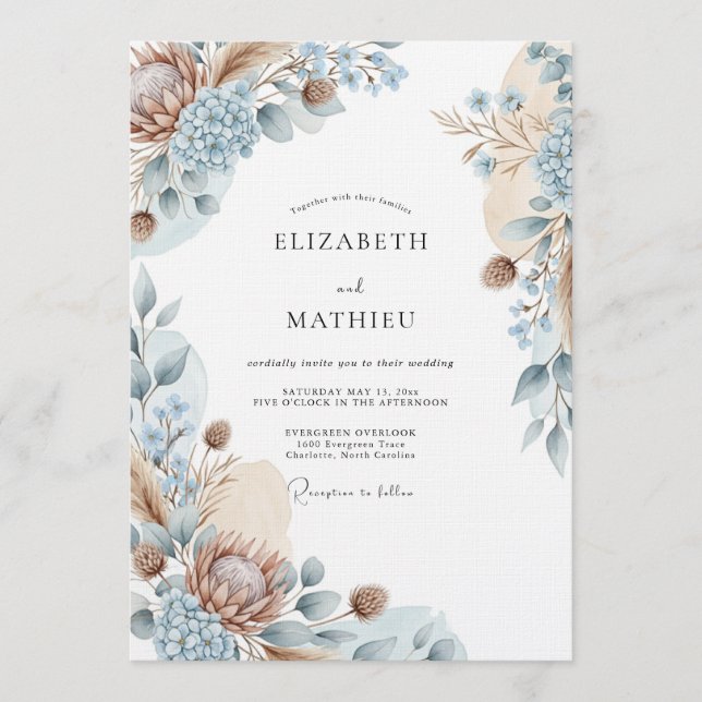 Invitation Mariage Botanique Éthéré Bleu (Devant)