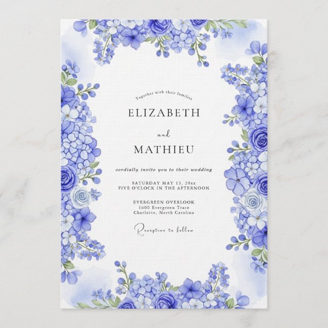 Invitation Mariage Botanique Éthéré Bleu (Devant)