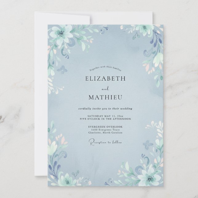 Invitation Mariage Botanique Éthéré Bleu Acier (Devant)