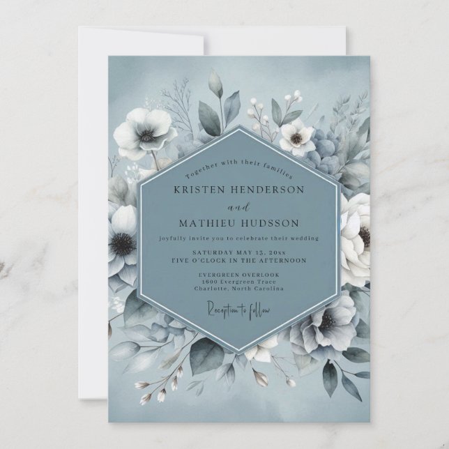 Invitation Mariage Botanique Éthéré Bleu Ardoise (Devant)