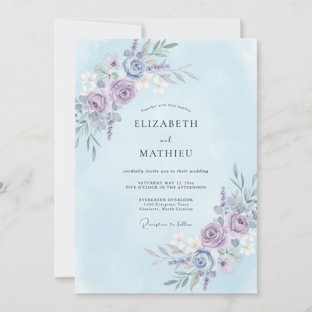 Invitation Mariage Botanique Éthéré Bleu Clair (Devant)